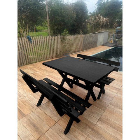 Mesa para Área Externa com 2 Bancos Madeira Maciça 120x80cm Kit Churrasco Preto