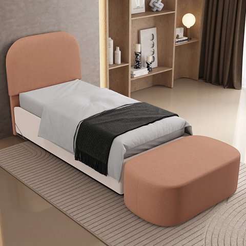 Cabeceira Cama Box 100cm Lanna com Puff Recamier Doha W01 Linho Rosê - Lyam Decor