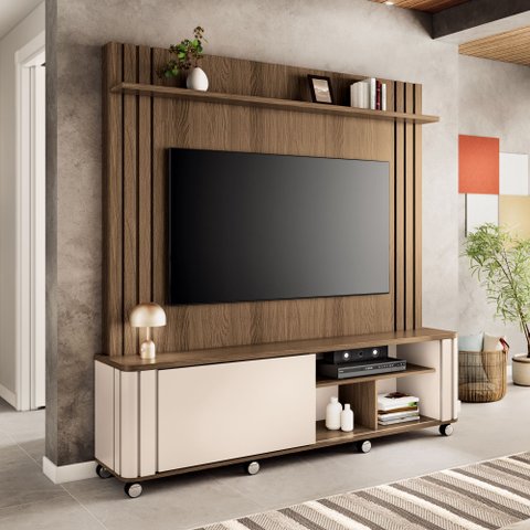 Painel TV 70" Home Theater Avelyn com Rodizio Cromados e Porta Deslizante H01- D'Rossi