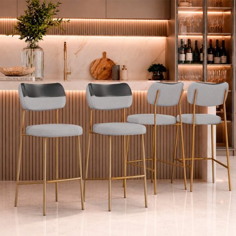 Kit 4 Banquetas Baixa Sala de Jantar Lisa Pés Champanhe Linho/PU Cinza/Preto m² - Monari Design