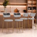 Ver imagem 1 de Kit 4 Banquetas Baixa Sala de Jantar Lisa Pés Champanhe Linho/PU Cinza/Preto m² - Monari Design