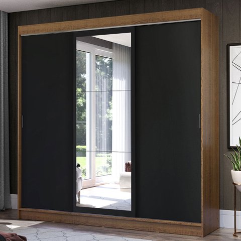 Guarda-Roupa Casal Madesa Istambul 3 Portas de Correr com Espelho 3 Gavetas Rustic/Preto Cor:Rustc/P