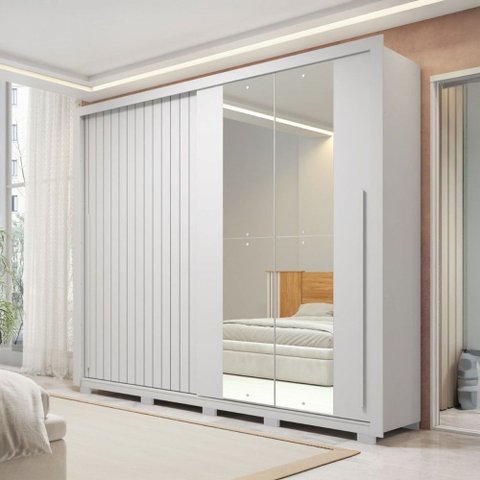 Guarda-roupa Casal Romanus 2 Portas 4 Gavetas com Espelho Ripado Branco - Caemmun