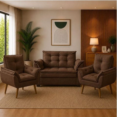 Sofá Conjunto Poltrona e Sofá Pequeno 2 Lugares 140cm Marrom Suede Premium