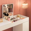 Ver imagem 4 de Escrivaninha Penteadeira Love com Vidro de Correr Espelho Prateleira – Design Moderno - Branco