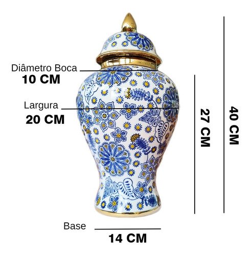 Vaso Decorativo Porcelana Azul E Branco Com Dourado 40x20 - 5