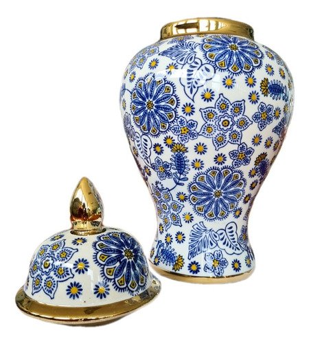 Vaso Decorativo Porcelana Azul E Branco Com Dourado 40x20 - 3