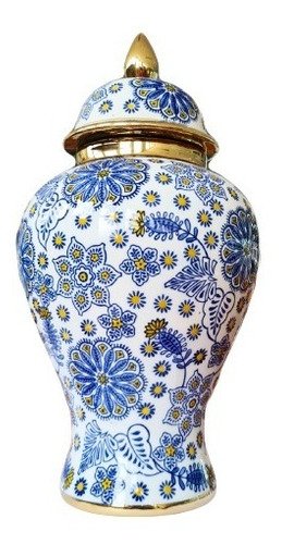 Vaso Decorativo Porcelana Azul E Branco Com Dourado 40x20