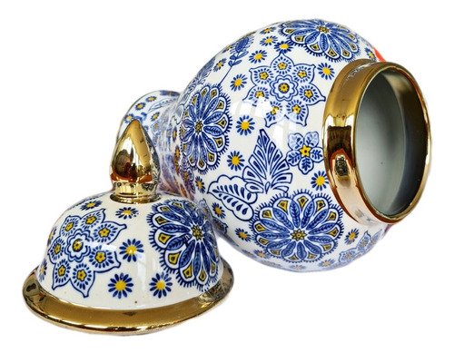 Vaso Decorativo Porcelana Azul E Branco Com Dourado 40x20 - 2