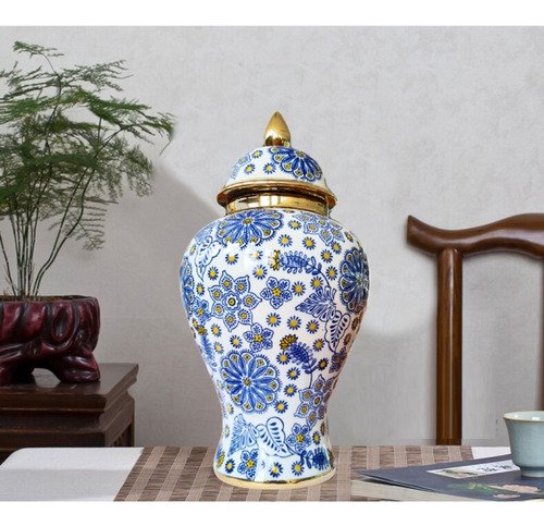 Vaso Decorativo Porcelana Azul E Branco Com Dourado 40x20 - 6