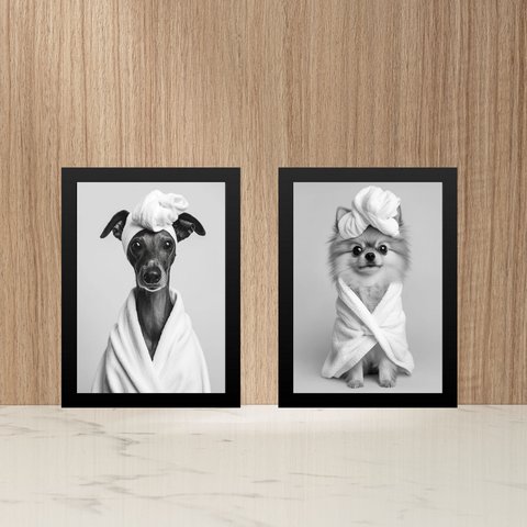Kit 2 Quadros Divertidos para Banheiro Cachorrinhas 45x34cm - com Vidro:moldura Branca