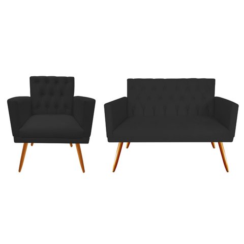 Kit Namoradeira + 1 Poltrona Decorativa Nina Capitonê Couro Preto Pés Madeira Ms Decor