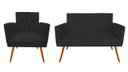 Ver imagem 1 de Kit Namoradeira + 1 Poltrona Decorativa Nina Capitonê Couro Preto Pés Madeira Ms Decor