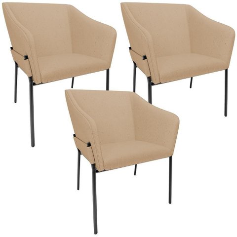 Kit 3 Cadeiras para Sala de Jantar Estar Living Olívia L02 Linho Bege Escuro - Lyam Decor