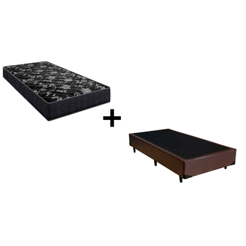 Cama Box Solteiro 88 Tecido Sintético Marrom com Colchão Lisboa Espuma D28 Preto