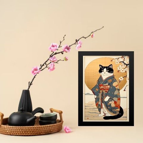 Quadro Arte Oriental Paisagem com Gato 24x18cm - com Vidro:moldura Preta
