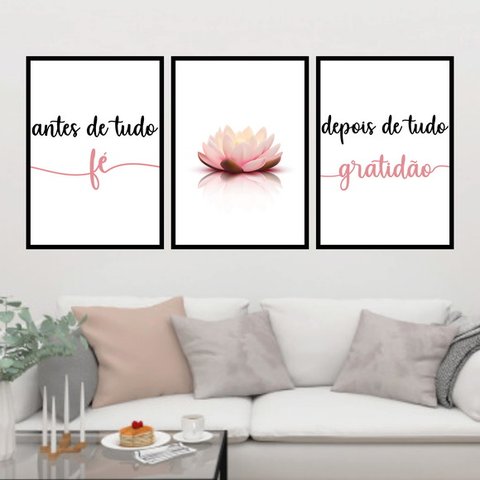 Kit 3 Quadros Fé E Gratidão Dente De Leão 24x18cm - com vidro:Madeira preta