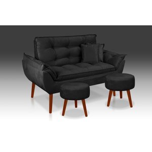 Kit 01 Namoradeira Opala + 02 Puff Redondo + 02 Almofadas Suede Preto -casa da Poltrona