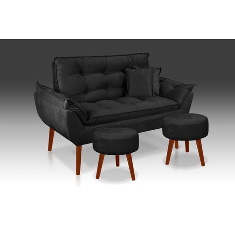 Kit 01 Namoradeira Opala + 02 Puff Redondo + 02 Almofadas Suede Preto -casa da Poltrona