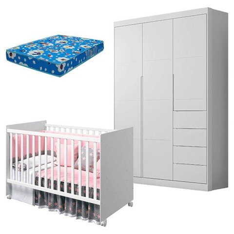 Berço Americano Tico e Guarda Roupa Infantil Eloá Branco Acetinado Colchão - Phoenix Baby