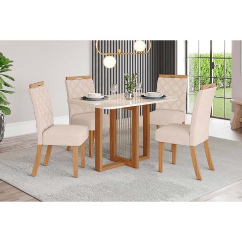 Conjunto: Mesa Sala Jantar Natalí C/ Tampo Madeirado C/ Vidro Curvo 120x80cm e 4 Cadeiras Bella