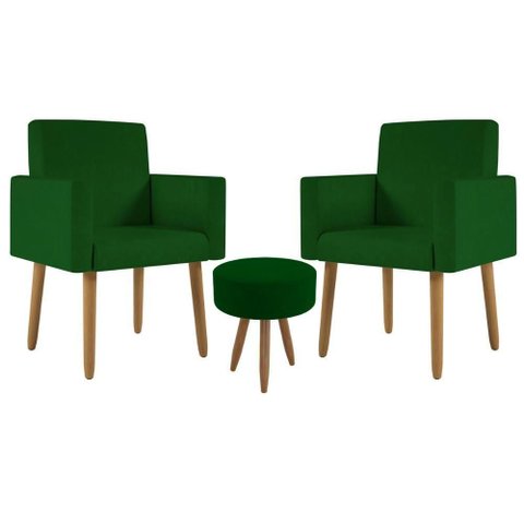 Kit 2 Poltronas Decorativa Sala Nina com Puff Balaqui Decor Verde