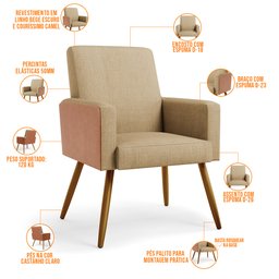 Kit 04 Poltronas Decorativa Maria W01 Pés Palito Linho Bege Escuro Couríssimo Camel - Lyam Decor - 4