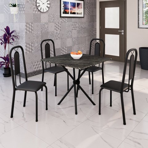 Conjunto Sala de Jantar Mesa Tampo Escuro e 4 Cadeiras Lívia Preto