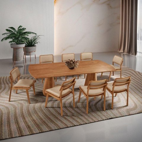 Mesa de Jantar Noronha 220cm Madeira Tampo Barril 8 Cadeiras Eva Turim 07 / Imbuia Nat.