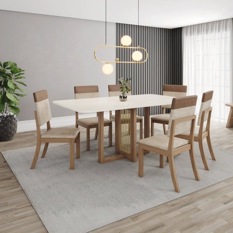 Conjunto para Sala de Jantar 6 Cadeiras Natali Bege/Nature/Caramelo/Creme