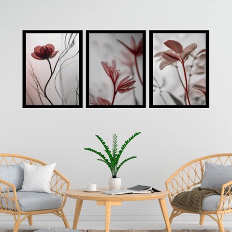 Kit 3 Quadros Modernas Flores Nuances Cinza 24x18cm:moldura Branca