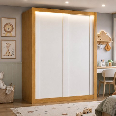 Guarda Roupa Infanto Juvenil 100% MDF 2 P Correr 4 Gavetas com LED Boston Branco Cinamomo Yescasa