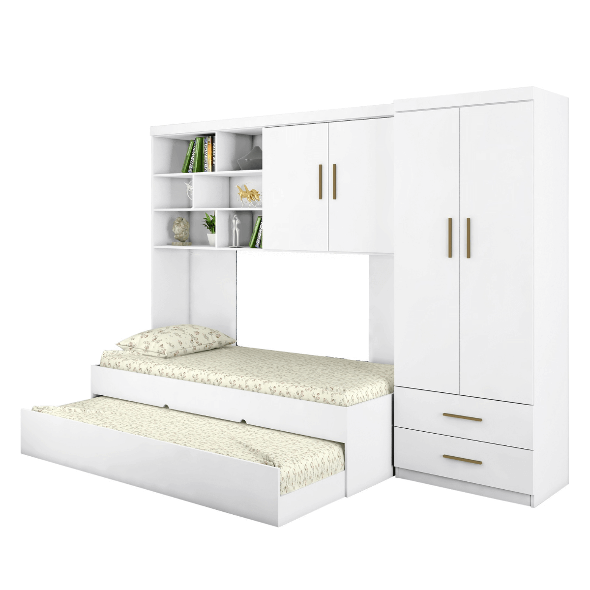 Kit de Móveis Infantis Branco Brilho Madrid e Sevilha Cama Solteiro, Cama Auxiliar, Módulo Aéreo e G - 1