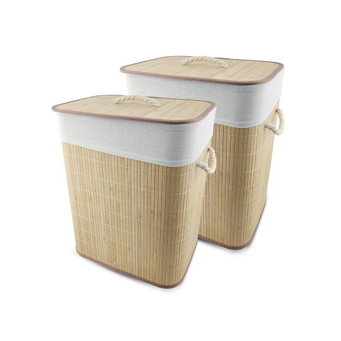 Kit 2 Cesto de Roupas com Tampa e Saco de Pano Removível Lavável de Bambu Claro Ecológico Mimo Style