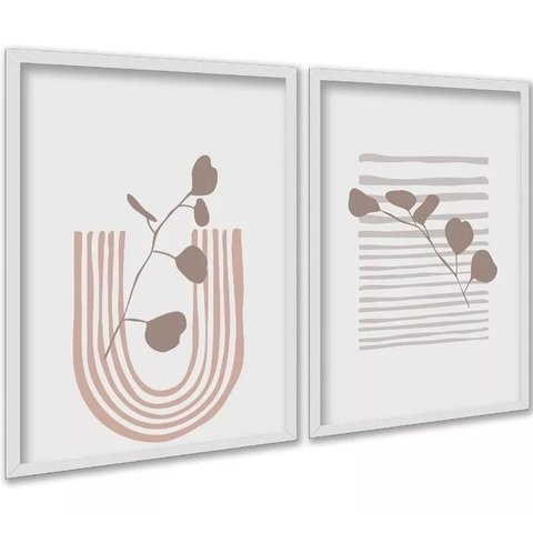 Kit 2 Quadros Ultra Minimalistas Neutros Boho 33x24cm:moldura Preta