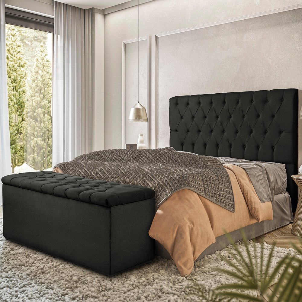 Cabeceira Estofada para Cama Casal Queem 160 Cm Londres Veludo: Veludo Preto