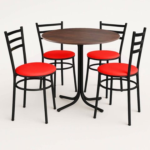 Mesa de Jantar Redonda 80cm Imbuia com 4 Cadeiras Estofada Preta