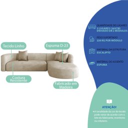 Sofá Modular Celinne Luxuoso Sala de Estar Decoração Luxo 265cm Linho - 5