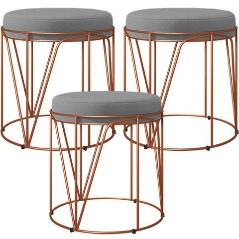 Kit 03 Puffs Decorativo Aramado Bronze Zaya L02 Corano Cinza - Lyam Decor