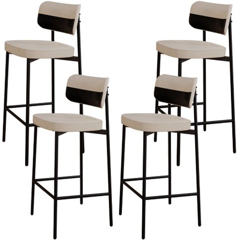 Kit 04 Banquetas Alta Bar Cozinha Sala de Jantar Aço Preto Kaira C01 Linho Areia Courino Preto - Lya
