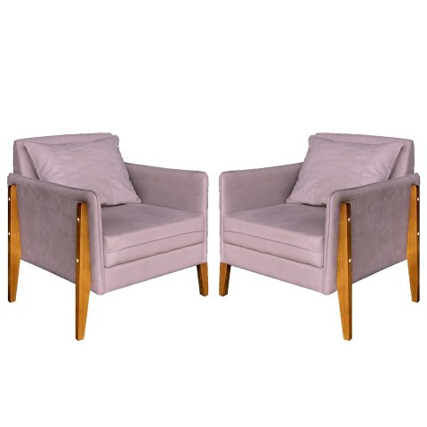 Kit 2 Poltronas Decorativa Sophia Suede Rosê Pés Madeira Mz Decor