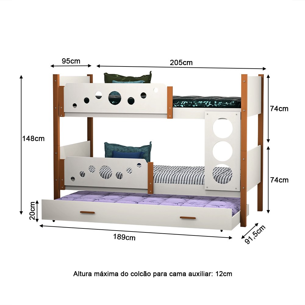 Beliche Infantil Solteiro Star com Cama Auxiliar Branco com Mel - Divaloto Móveis - 4