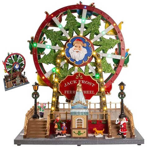 Enfeite Roda Gigante Natal Natalino Papai Noel LED Movimento Cenario Musical Parque de Diversao Casa