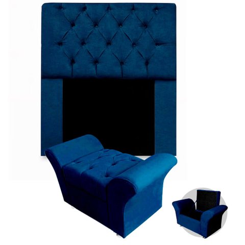 Kit Cabeceira Mirage + Calçadeira Baú Veneza Solteiro 120cm Suede - Ecotec Decor:Azul Marinho