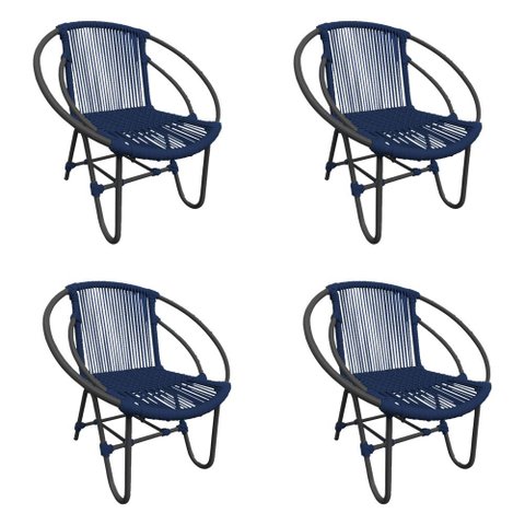 Kit 4 Cadeiras Decorativa Julia em Corda Náutica e Base em Alumínio Preta/ Azul Marinho