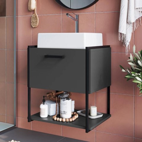 Gabinete de Banheiro Suspenso 50cm com Cuba Moly Grafite Z54 - Mpozenato