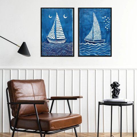 Kit 2 Quadros Arte Nautica Azul Barcos 45x34cm - com Vidro:moldura Preta