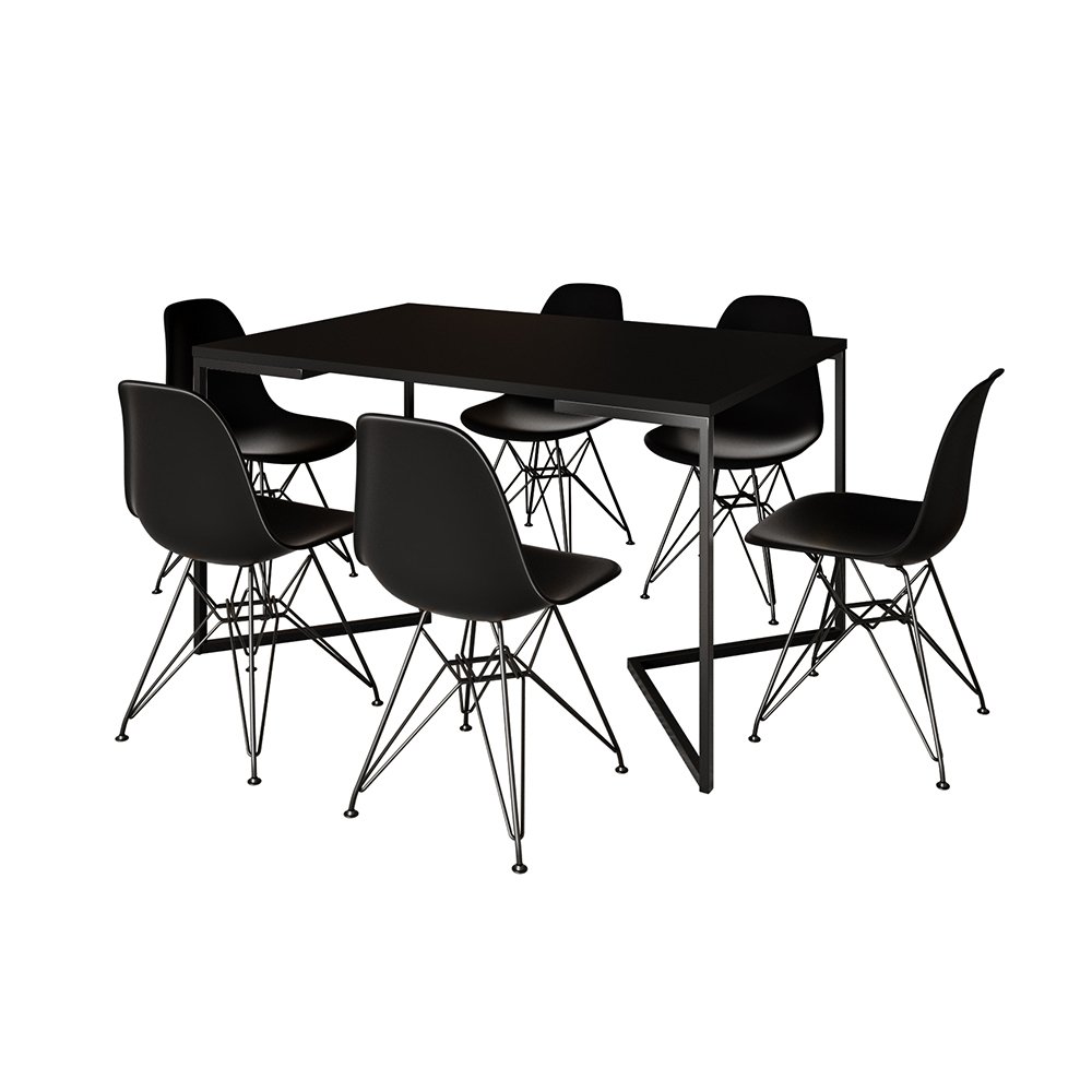 Mesa Industrial Jantar Retangular 137x90cm Preta Base V com 6 Cadeiras Eames Eiffel Pretas Ferro Pre - 2