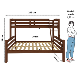 Beliche de Madeira com Cama Casal Solteiro Robusto Marrom Fabrika Móveis - 3