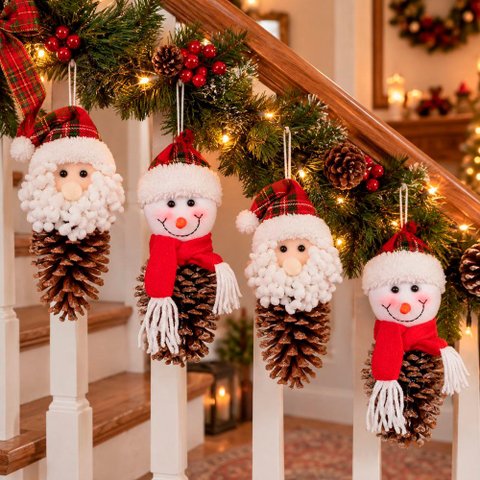 Pendente Pinha Natural Boneco Neve Papai Noel Natal Kit 4PÇS